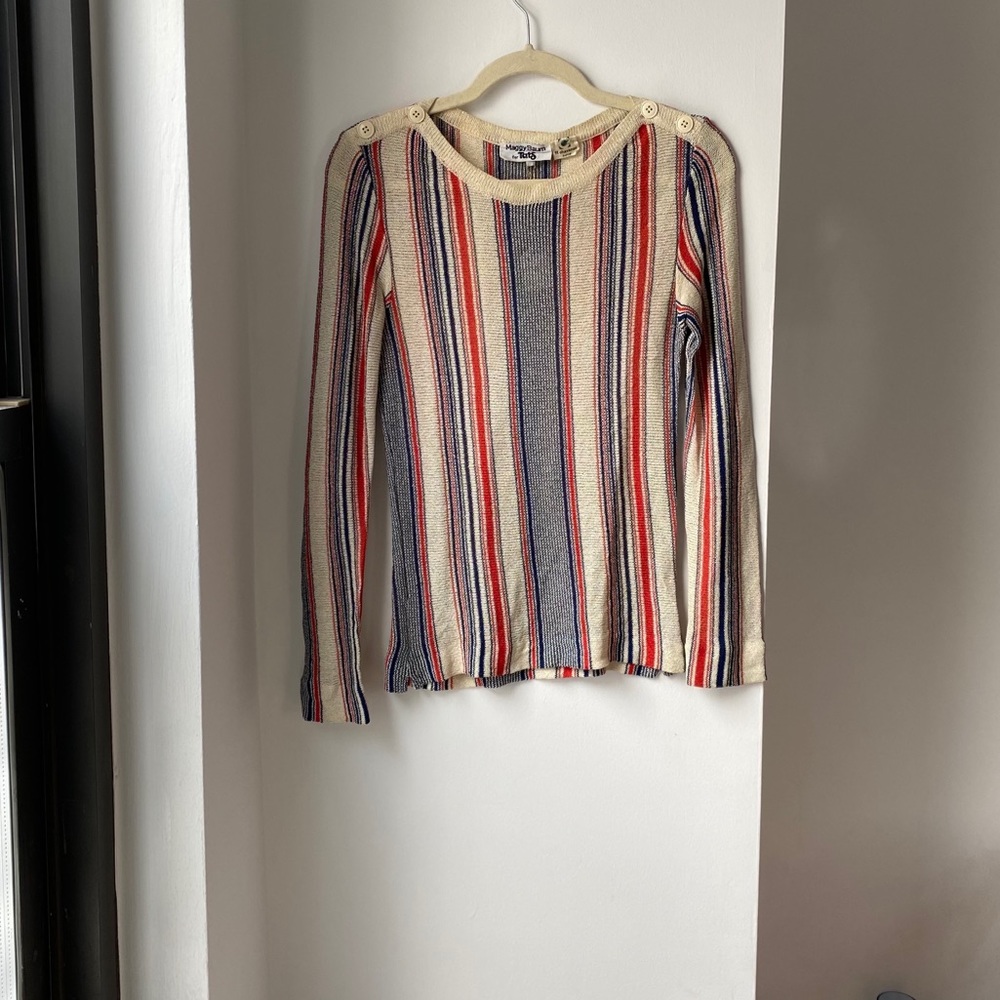 VINTAGE Open Weave Striped Long Sleeve Knit Top